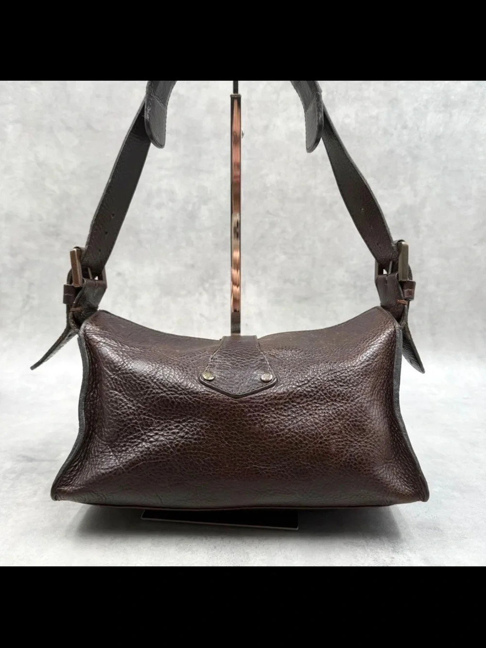 Mulberry Dark Brown Pebbled Leather Shoulder Bag with Buckle Pockets